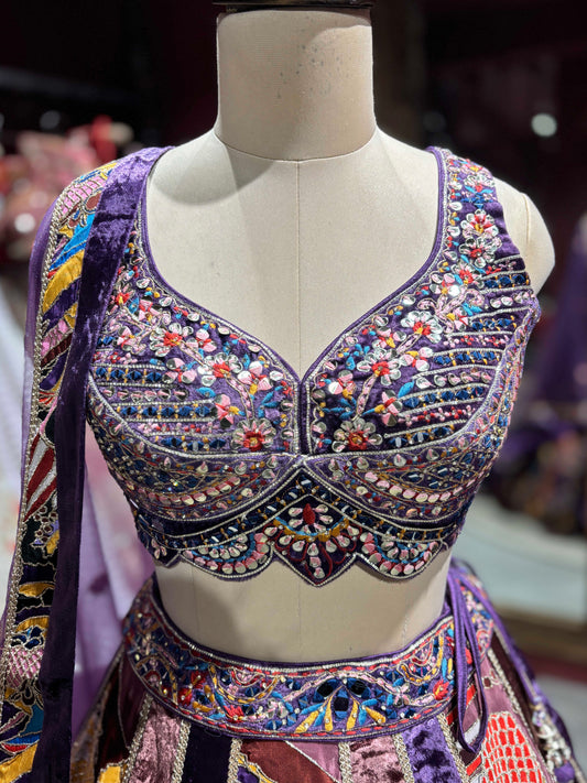Velvet Lehenga Choli with Grand Blouse & Artistic Motif Panels