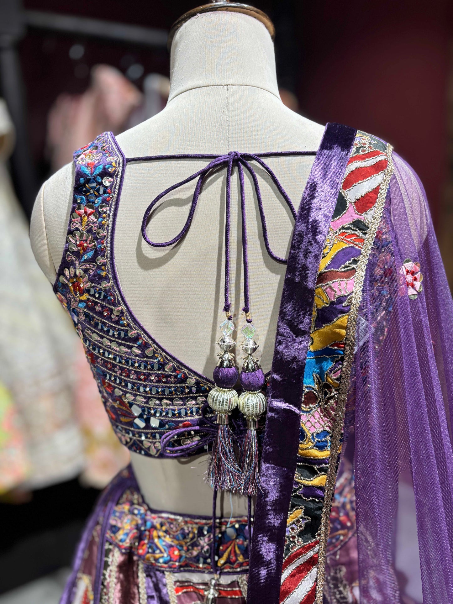 Velvet Lehenga Choli with Grand Blouse & Artistic Motif Panels