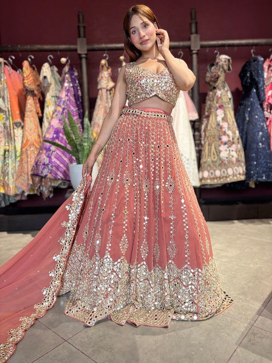 Designer Mirror Work Lehenga Choli with Embellished Blouse & Dupatta