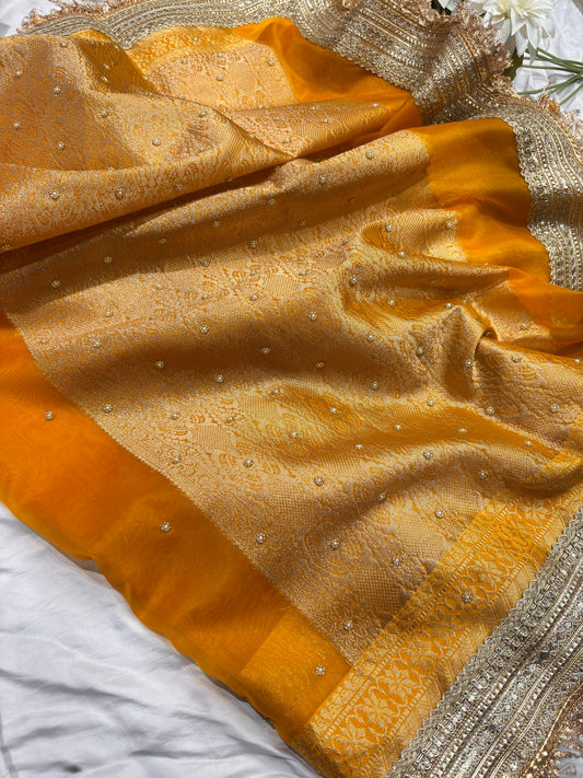 Laddu Pila Colour Gajraj Maharani Saree With zari border