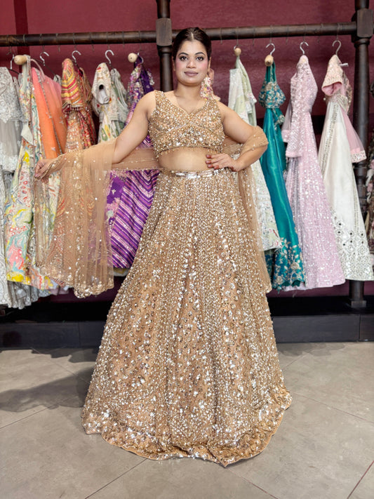 Luxury Champagne Gold Lehenga with Heavy Sequin Embroidery
