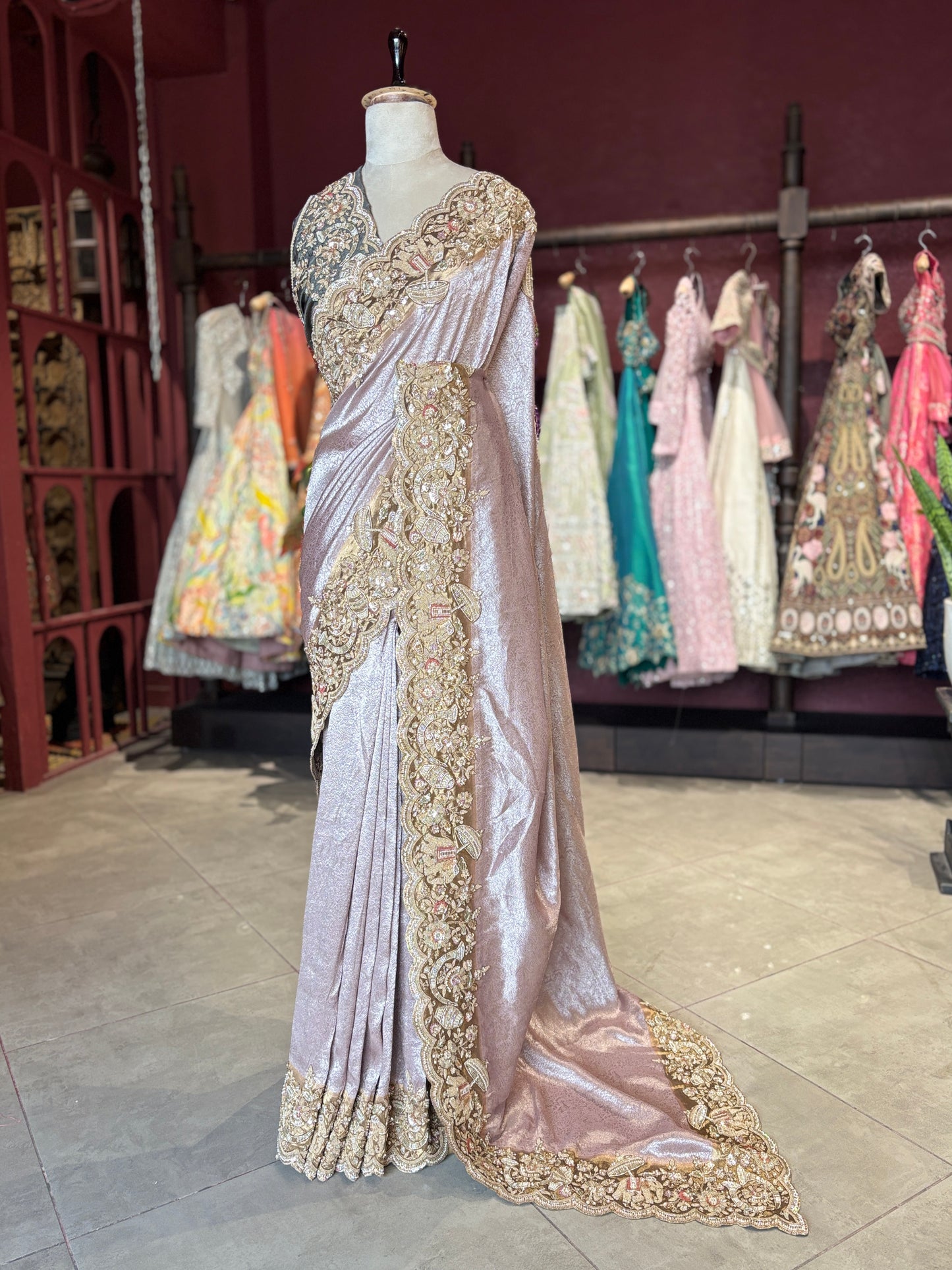 Designer Saree with Heavy Gold Embroidered Border
