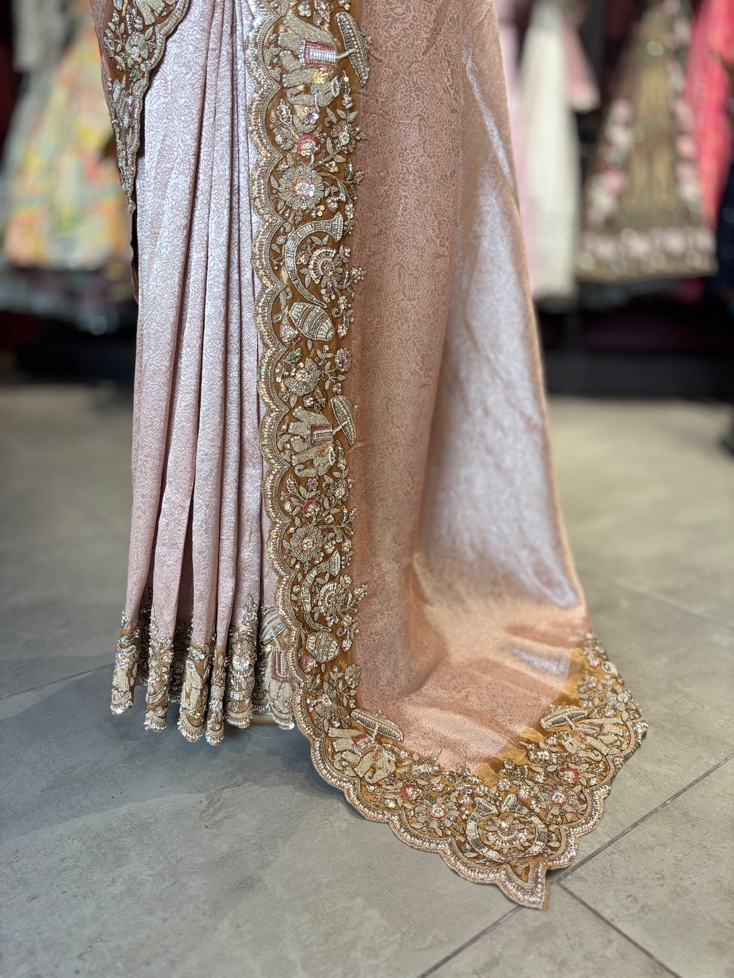 Rose Gold Designer Saree with Heavy Embroidered Border
