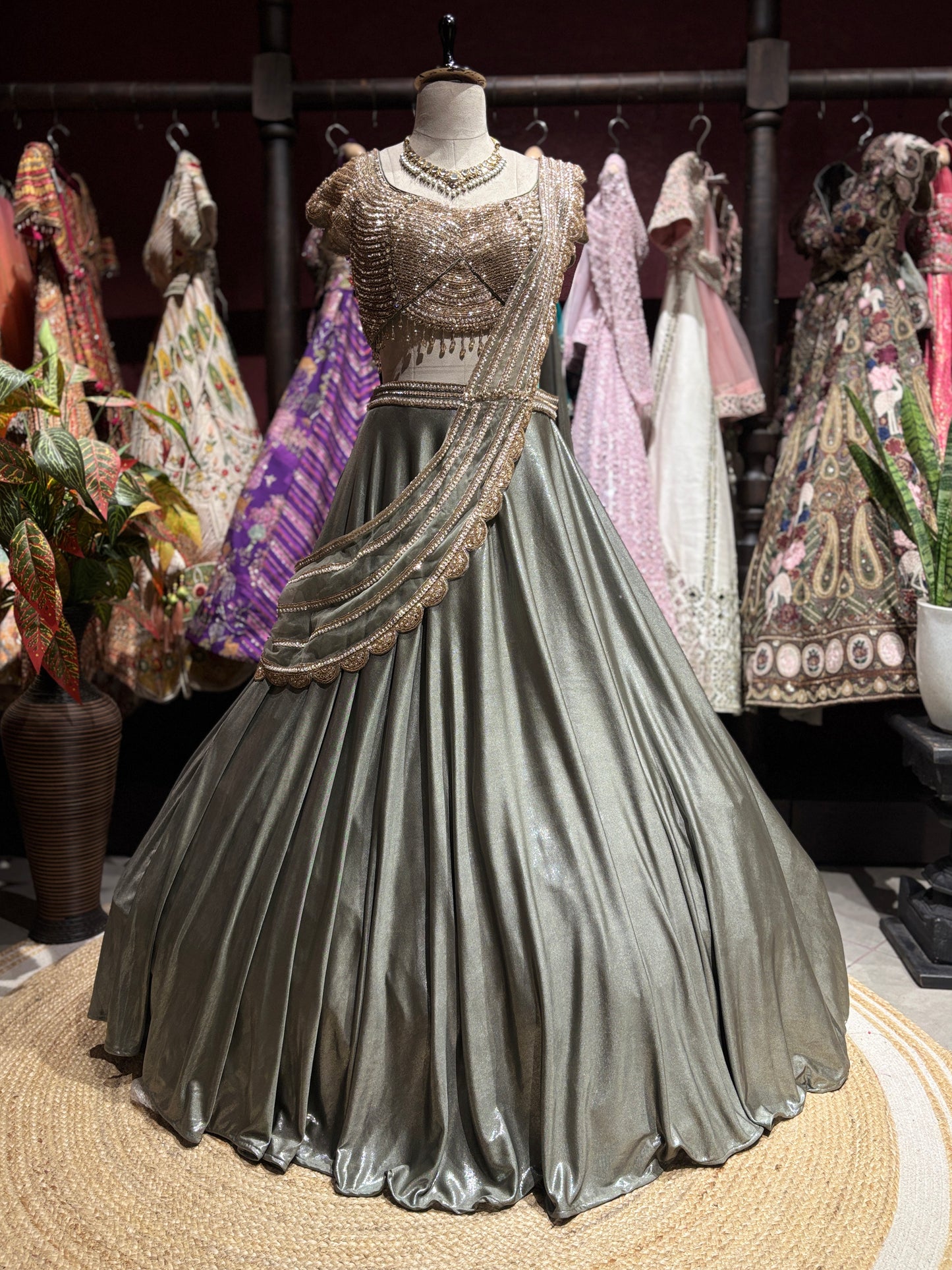Metallic Grey Draped Lehenga Set with Gold Embellished Blouse