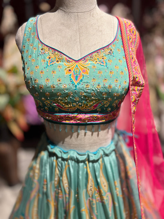 Aqua Green Paisley Designer Lehenga Choli with Hot Pink Dupatta