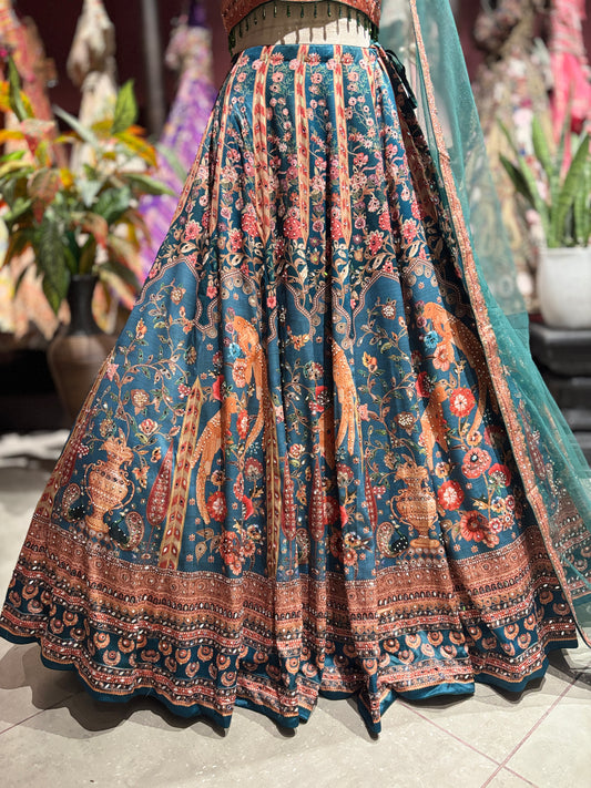 Teal Blue Floral Printed Lehenga Choli with Embellished Sheer Dupatta