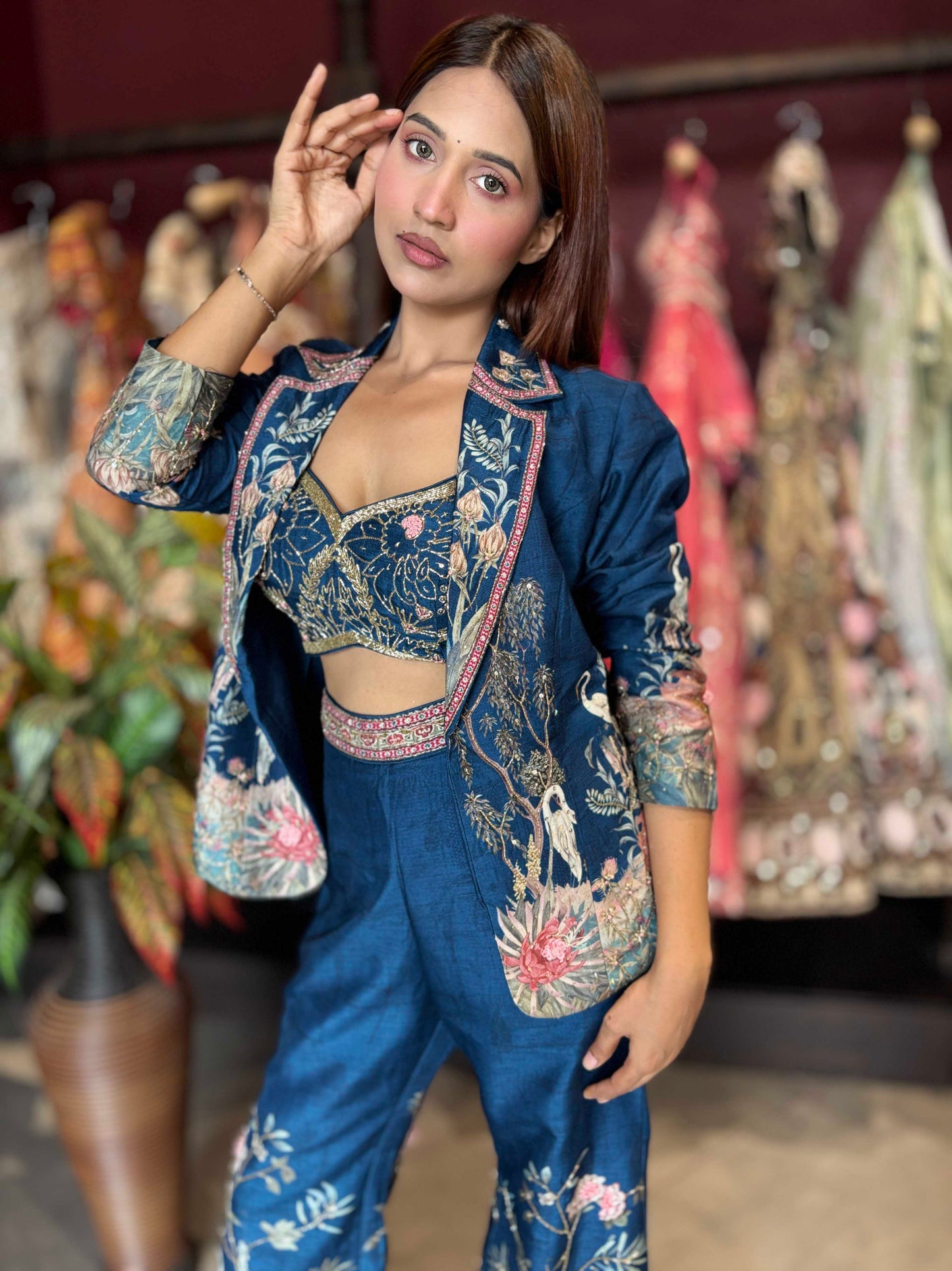 Midnight Blue Floral Printed Three-Piece Blazer & Palazzo Set