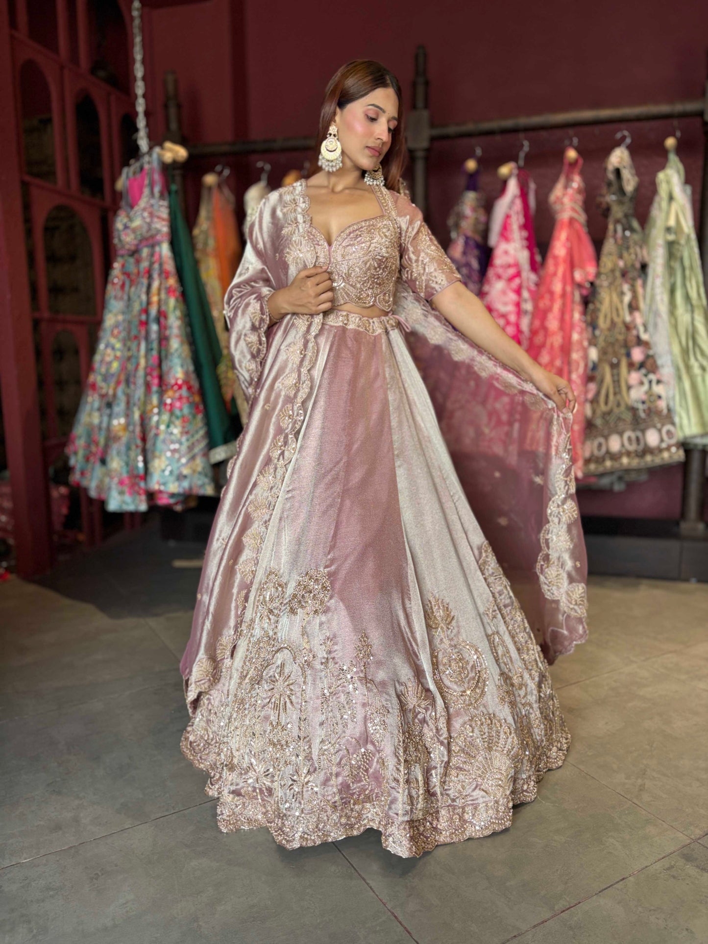 Designer Dusty Rose Embroidered Lehenga Choli with Matching Dupatta