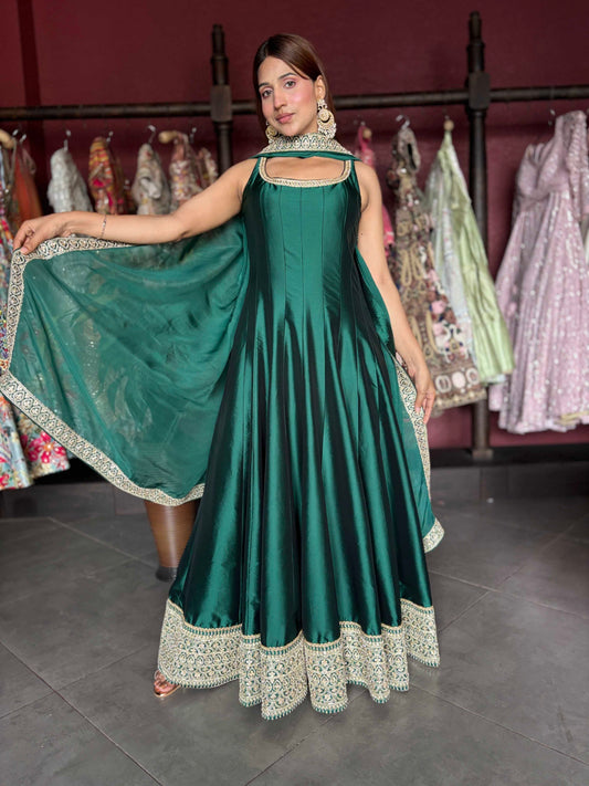 Emerald Green Designer Anarkali Gown with Embroidered Dupatta