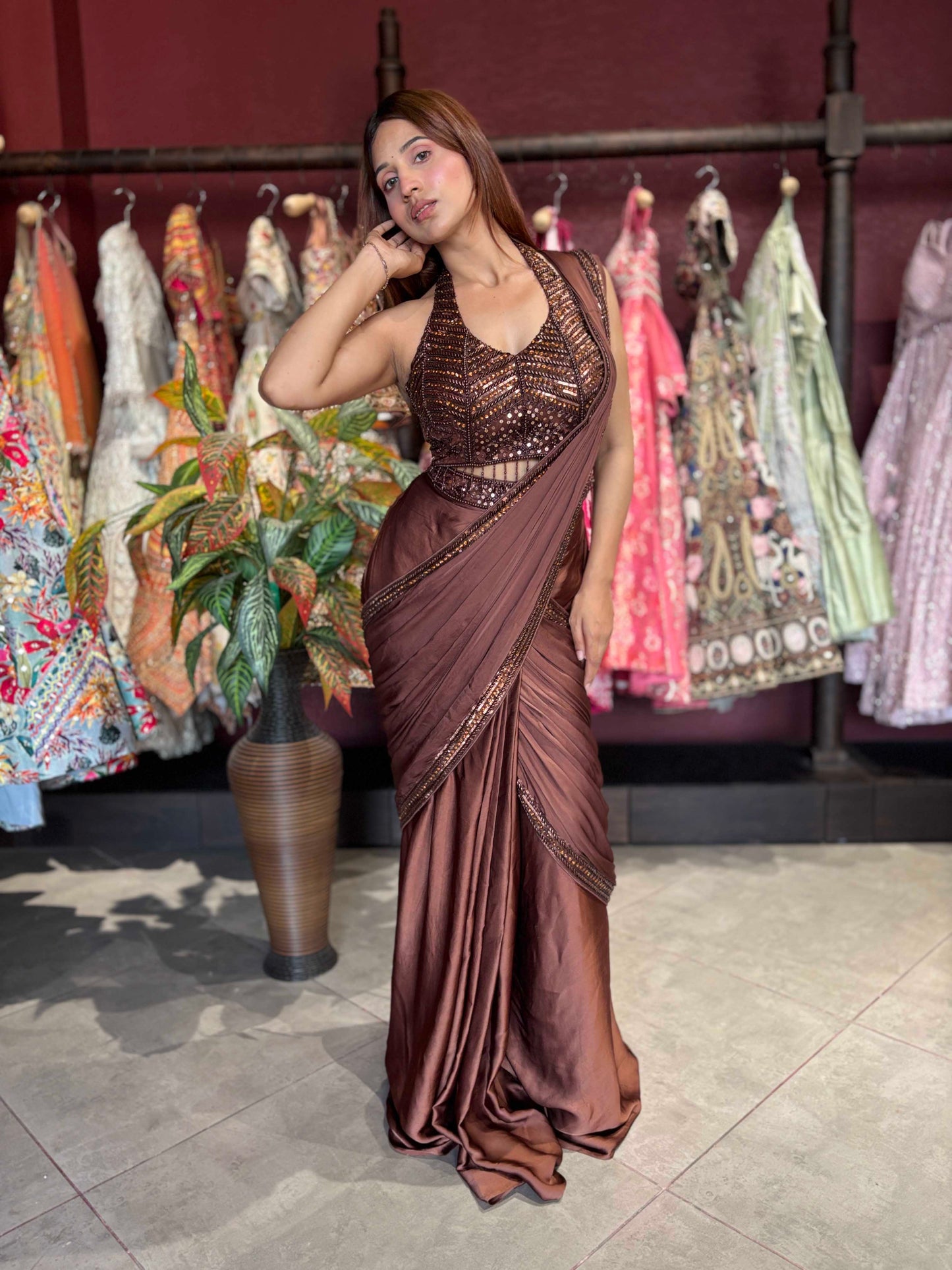 Brown Grand Designer Draped Saree Set with Sequin Halter Blouse