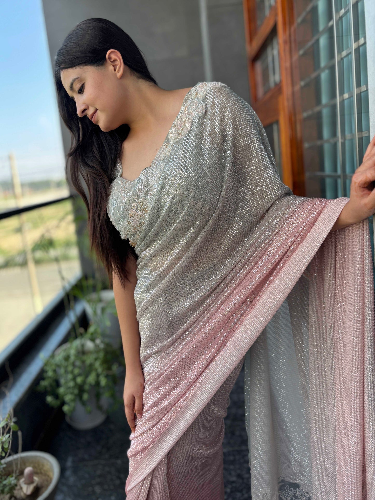 Blush Silver Ombre Saree With Sequin Embellishments Lace Border