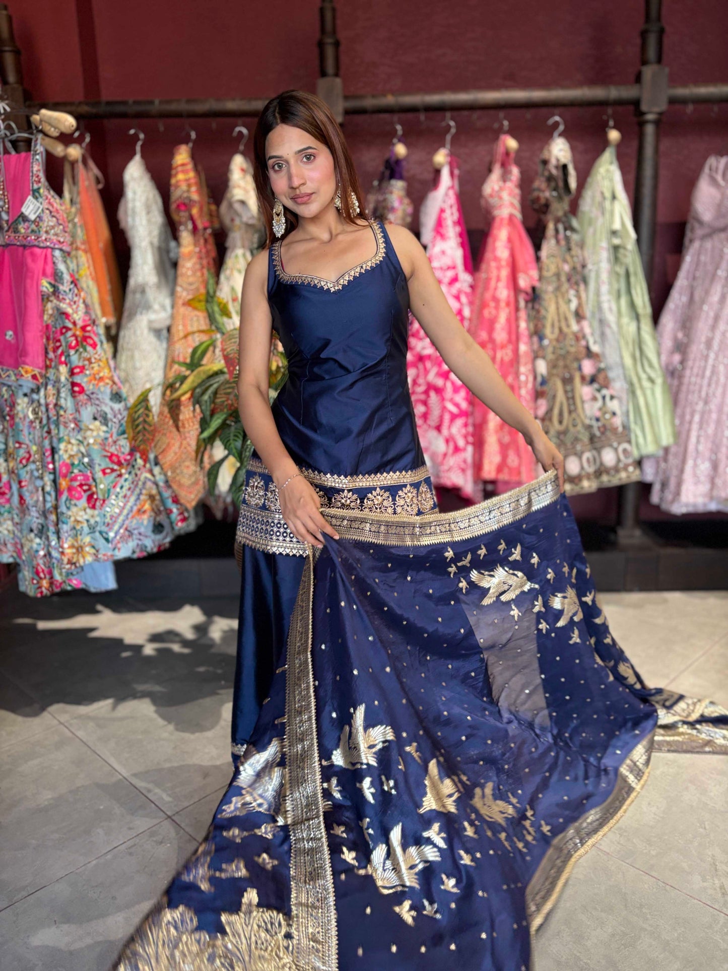 Navy Blue Designer Peplum Sharara Set with Embroidered Dupatta