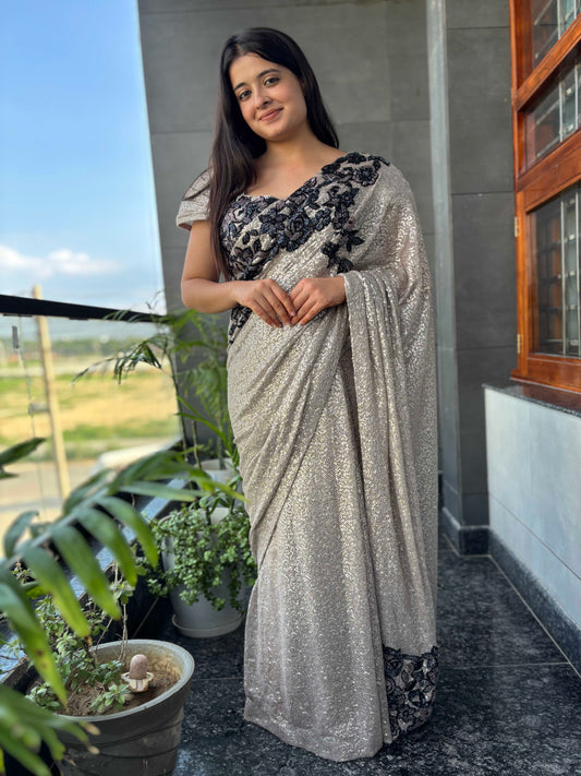 Silver Sequin Saree With Black Floral Embroidered Border Blouse