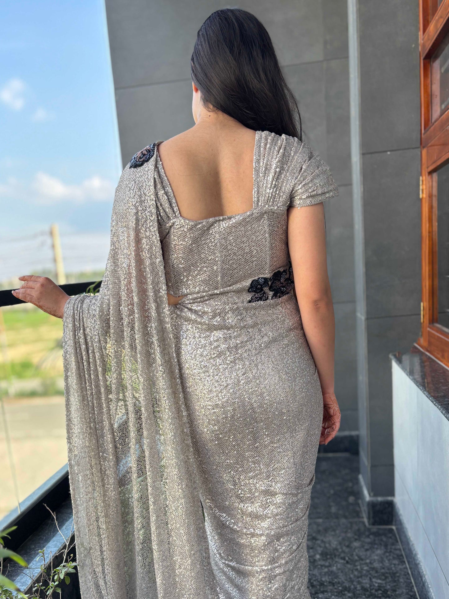 Silver Sequin Saree With Black Floral Embroidered Border Blouse