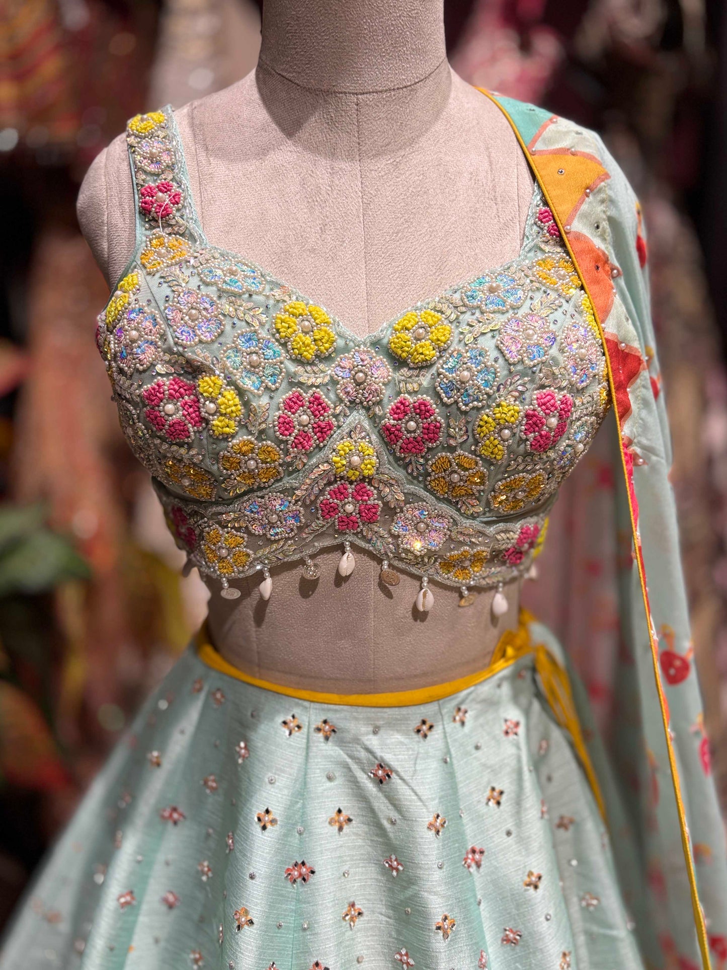 Multicolor Lotus Lehenga with Floral Embellished Blouse & Dupatta