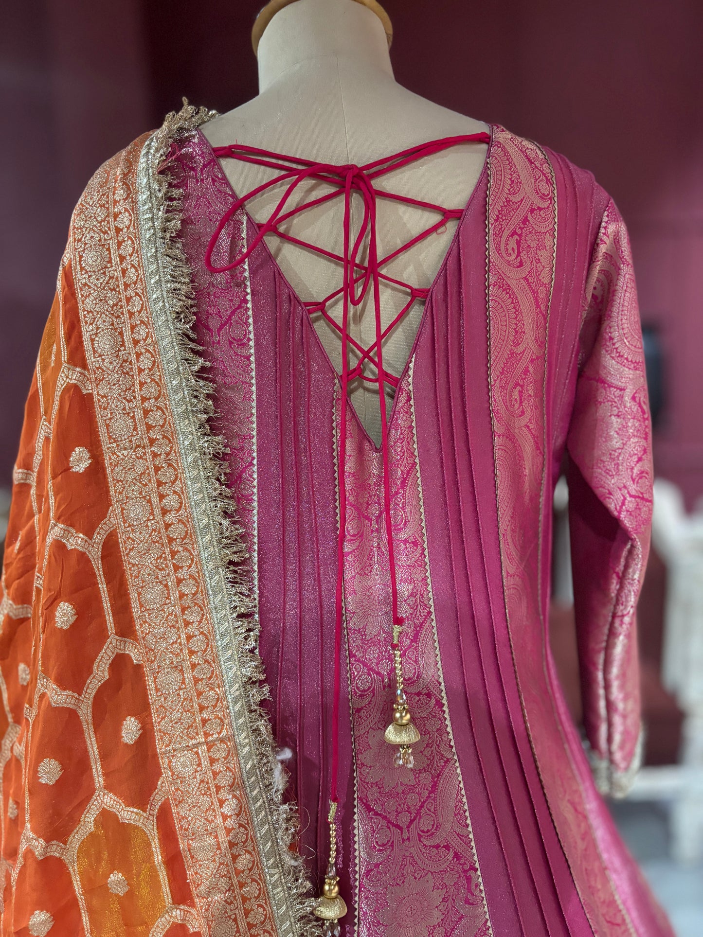 Grand Designer Ornate Pink Anarkali with Orange Dupatta