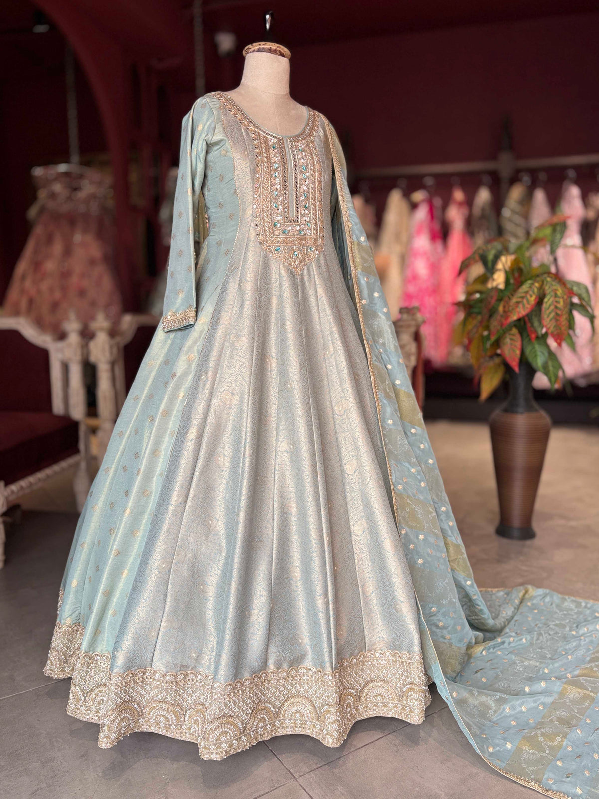Ice Blue & Gold Embroidered Anarkali Gown with Dupatta