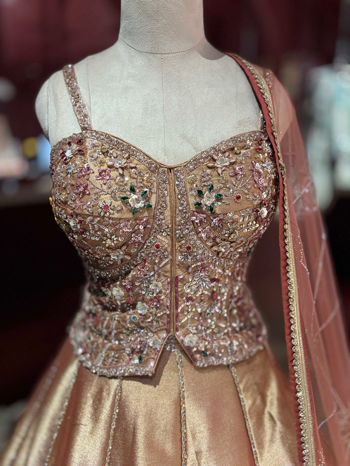 Rose Gold Metallic Lehenga with Embellished Corset Blouse & Dupatta