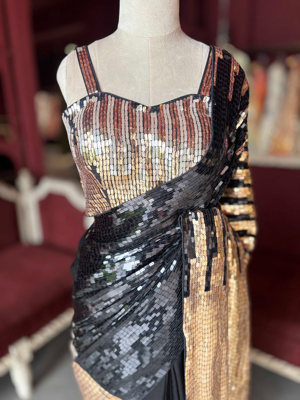 Black, Gold & Silver Sequin Designer Saree with Matching Blouse