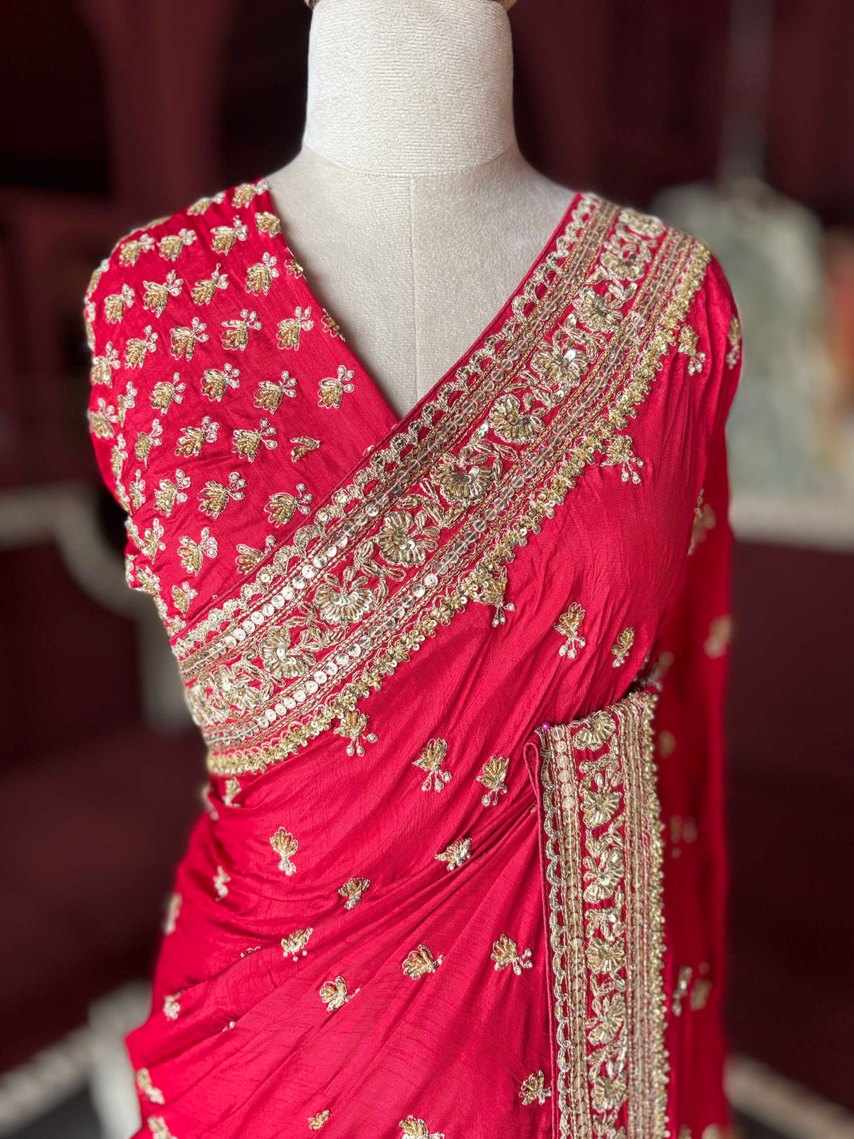 Red Designer Embroidered Saree with Heavy Gold Zari Border