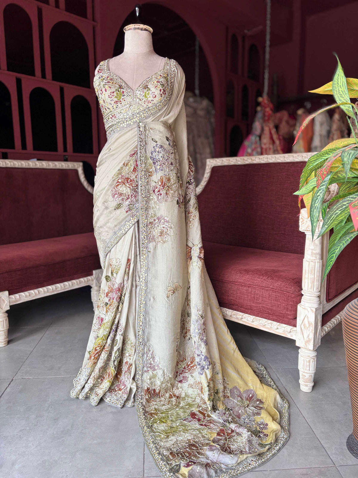 Ivory Floral Embroidered Saree with Embellished Designer Blouse