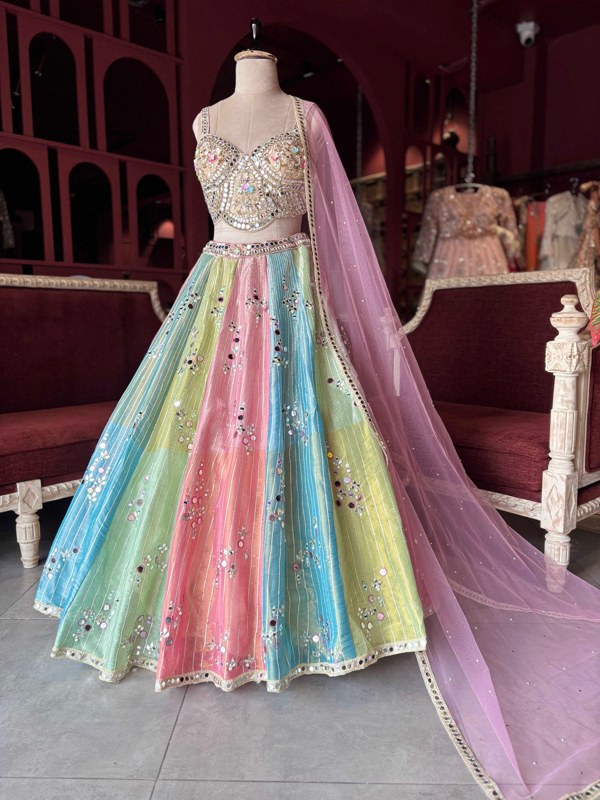 Pastel Multicolor Mirror Work Lehenga with Pink Dupatta