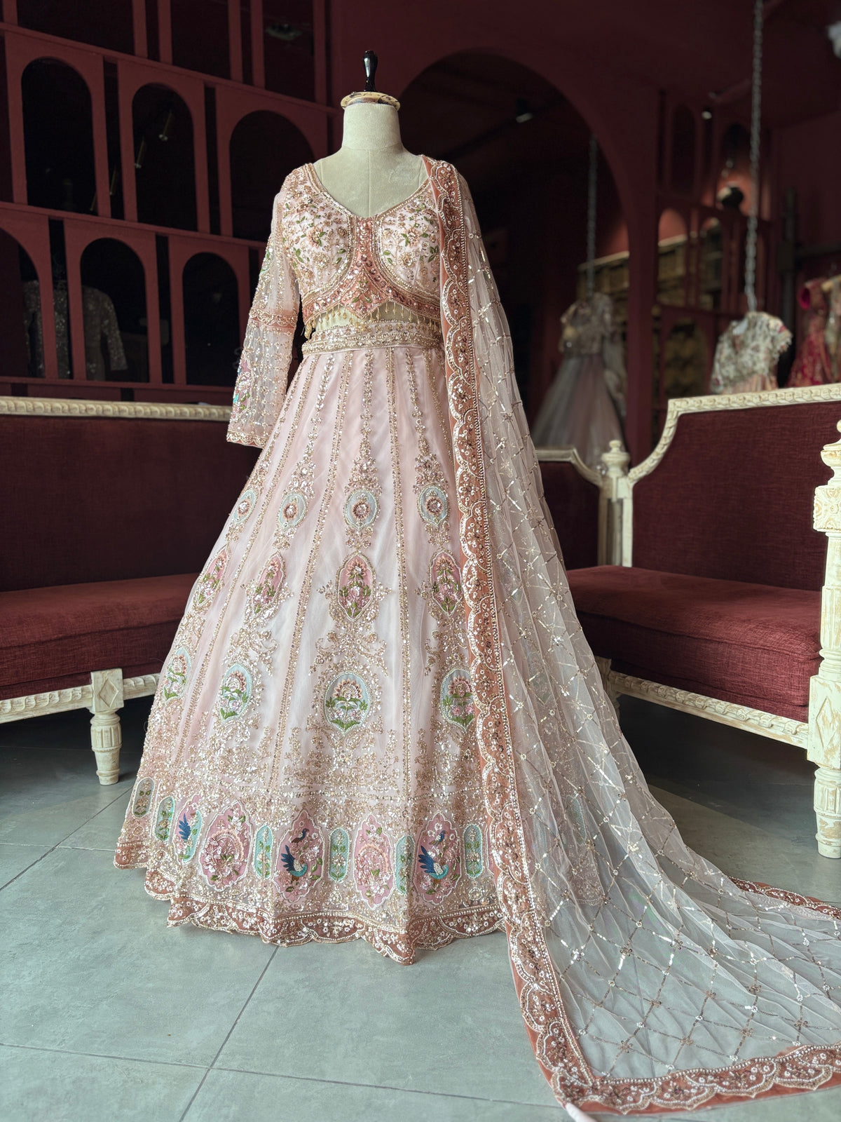 Blush Pink Embroidered Lehenga with Embellished Net Dupatta