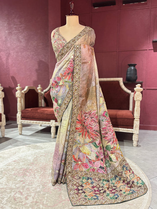 Designer Silk Pastel Saree with Multicolor Floral Embroidery