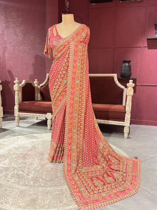 Designer Chinon Red Saree with Golden Floral Embroidery