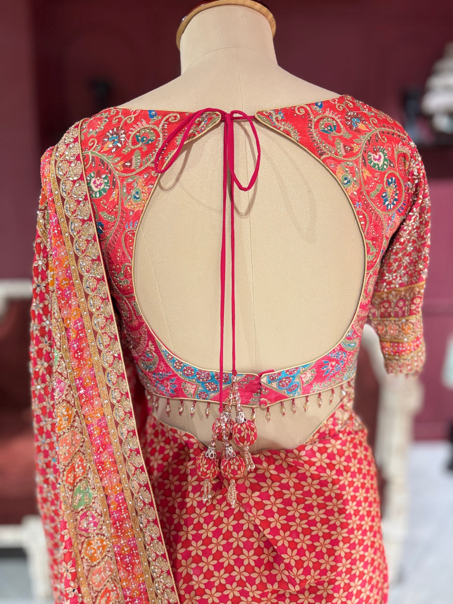 Designer Chinon Red Saree with Golden Floral Embroidery