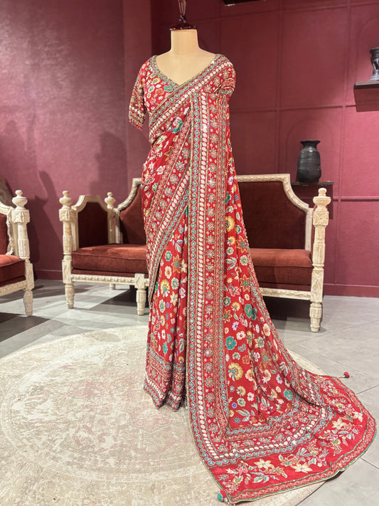 Designer Chinon Saree with Multicolor Floral Embroidery