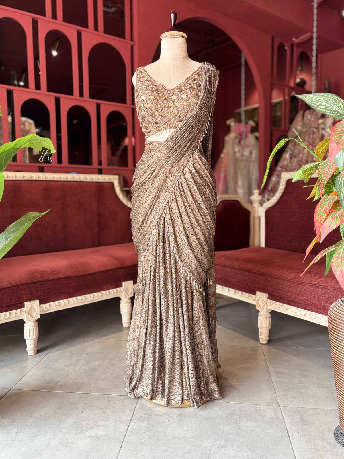 Bronze Sequin Draped Saree Gown with Embellished Blouse