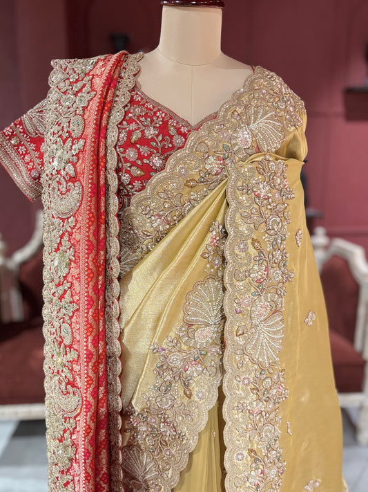 Golden Designer Saree with Paisley Embroidery With Dupatta