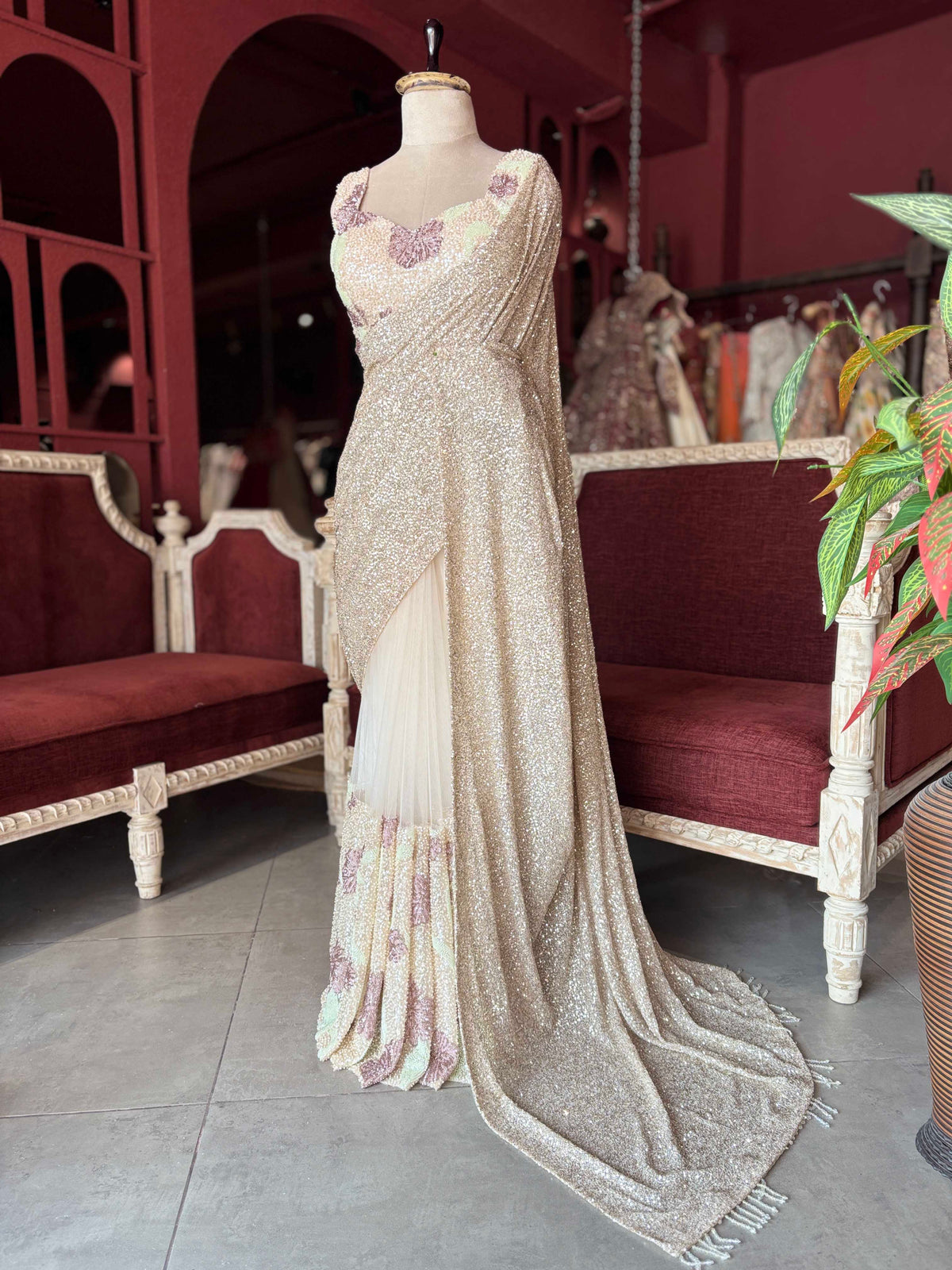 Champagne Sequin Designer Saree Gown with Embellished Blouse