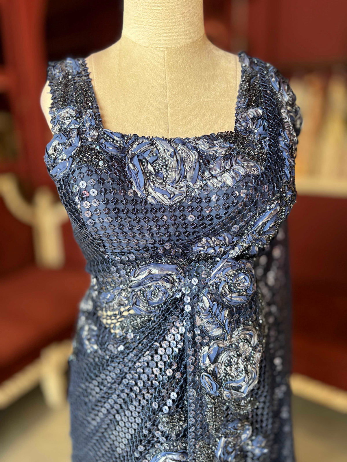 Navy Blue Sequin Designer Saree with Floral Embroidery