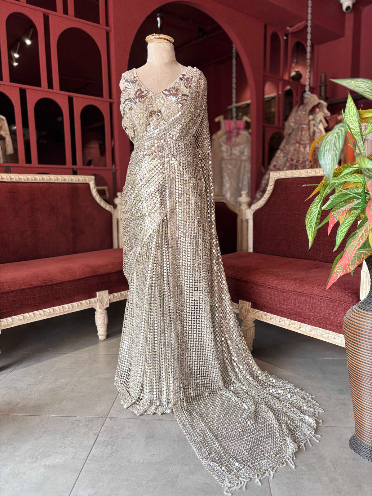 Golden Sequin Designer Saree Gown with Embellished Blouse