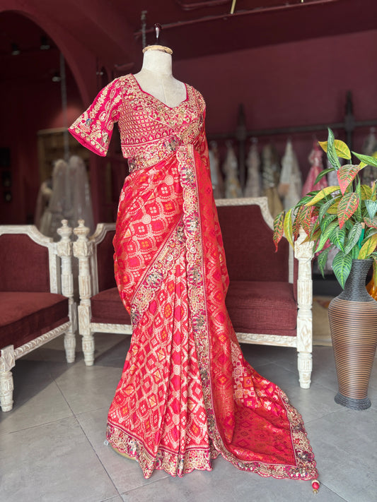 Red Silk Saree with Heavy Embroidered Designer Border
