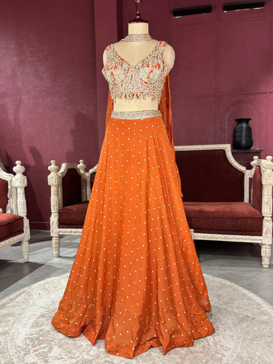 Designer Chinon Orange Lehenga with Embroidered Sleeveless Blouse
