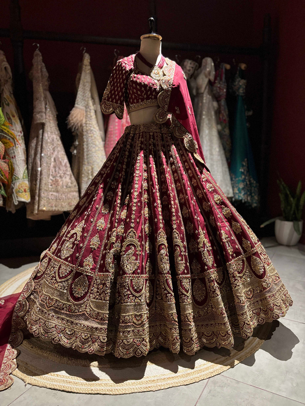 Wine Maroon Bridal Lehenga with Heavy Gold Embroidery & Dupatta
