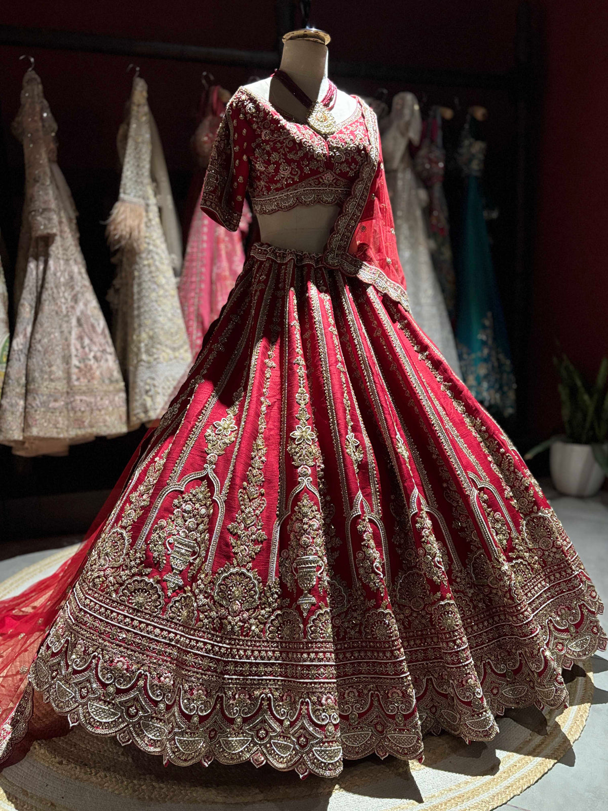 Deep Red Bridal Lehenga with Heavy Gold Embroidery & Dupatta