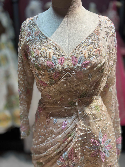 Champagne Floral Embroidered Saree with Full Sleeve Designer Blouse