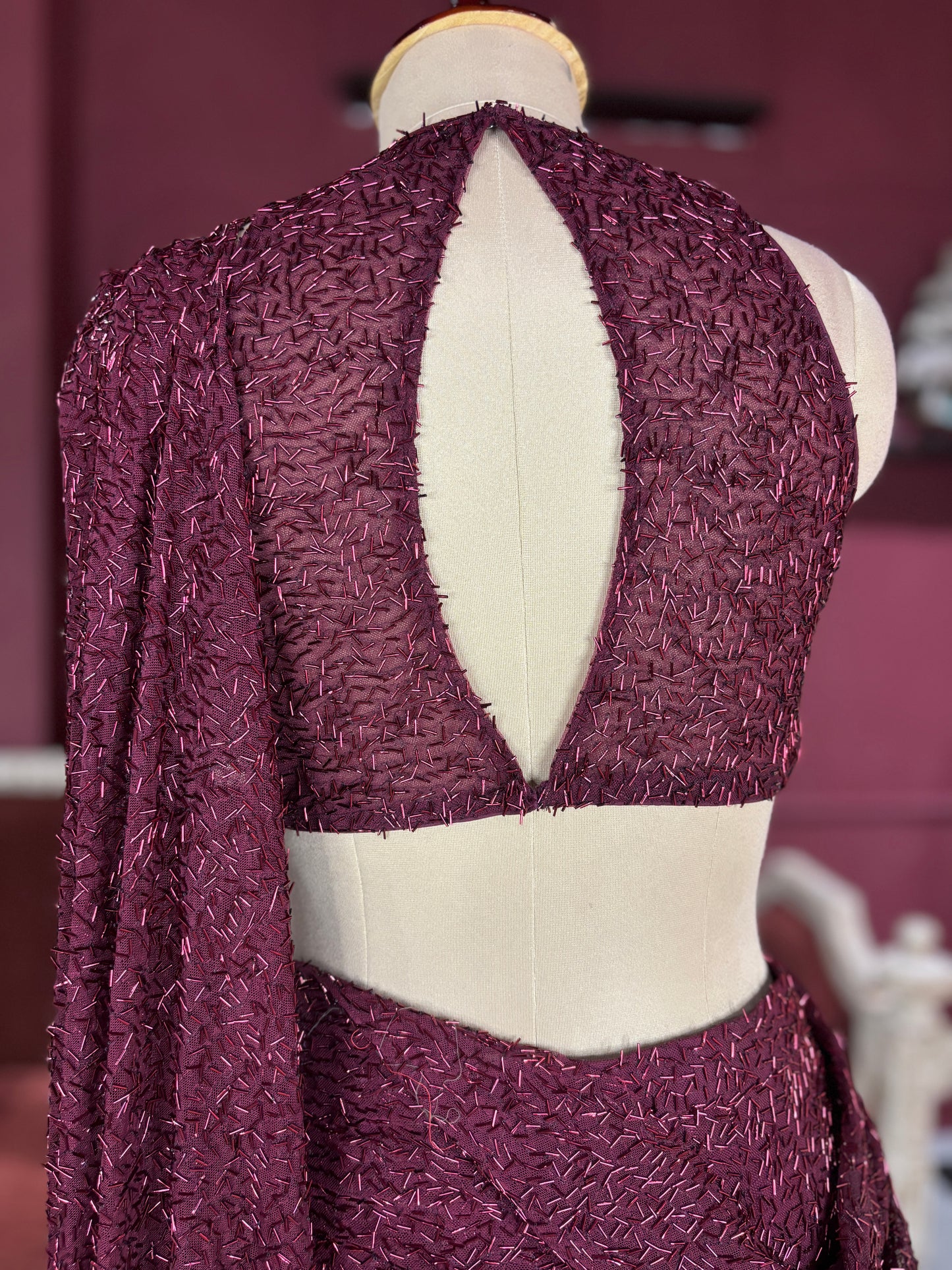 Designer Maroon Drape Saree with Sequin Elegance