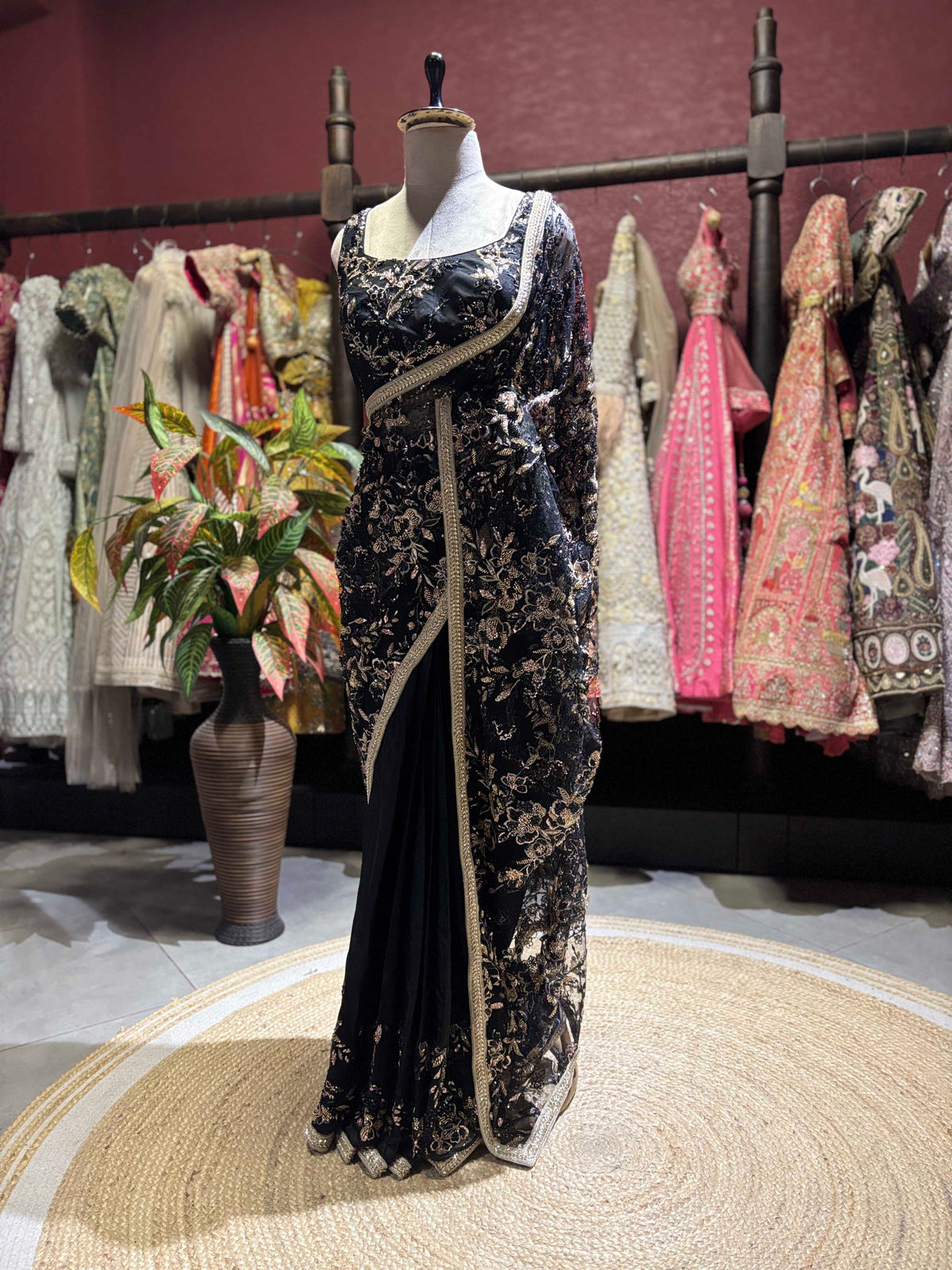 Black Floral Embroidered Saree with Gold Designer Border