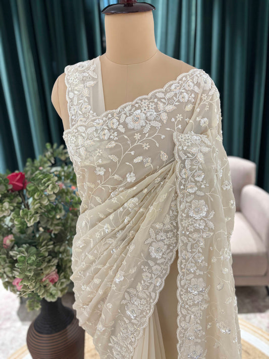 Floral Embroidered Saree with Scalloped Border