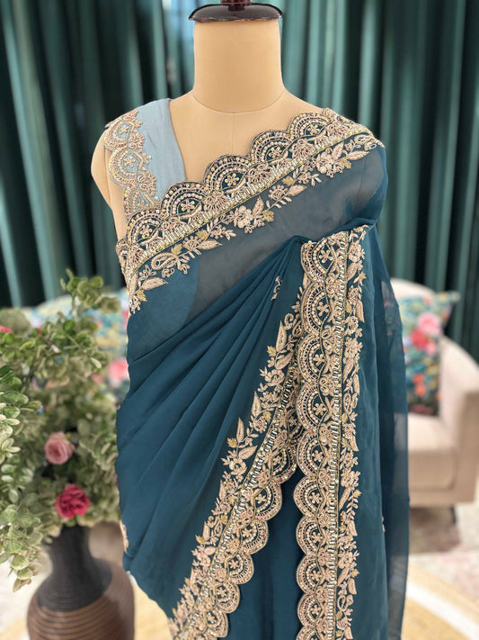 Teal Blue Embroidered Saree with Elegant Gold Border