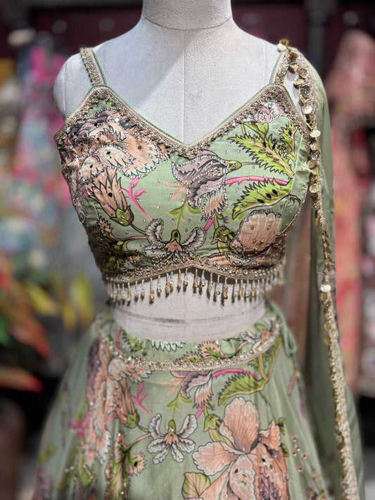 Pista Green Floral Printed Designer Lehenga Set