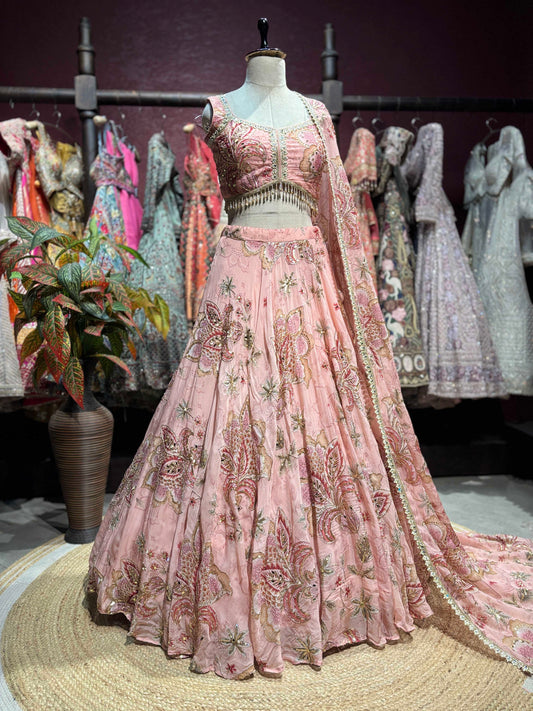 Blush Pink Floral Embroidered Lehenga with Blouse & Dupatta