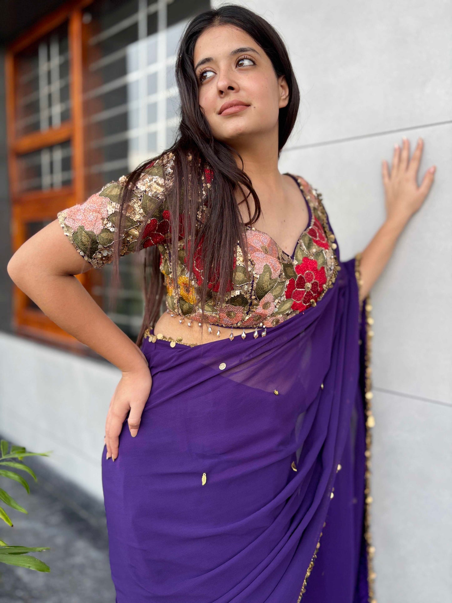 Purple Georgette Saree with Gold Sequin Border & Designer Blouse