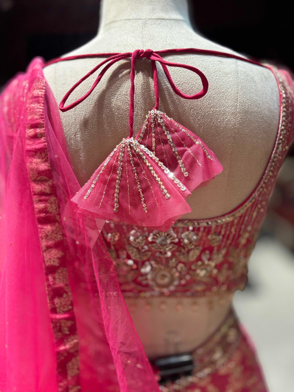 Rani Pink Embroidered Lehenga with Sequin Blouse & Net Dupatta