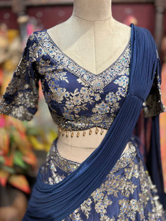 Navy Blue Floral Embroidered Lehenga with Draped Dupatta
